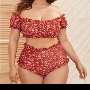 Plus size red and white floral high waisted bikini